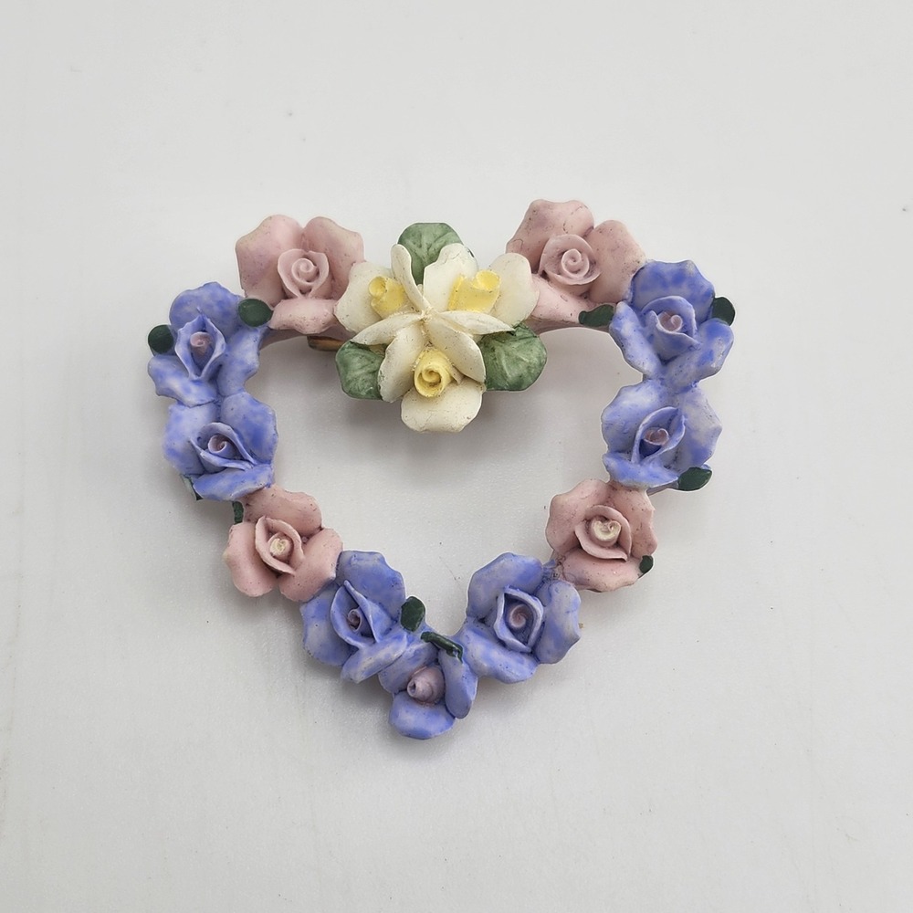 Fashion Pin/Brooch- hear shape- flowers- pink blue yellow-pretty detail Avon?